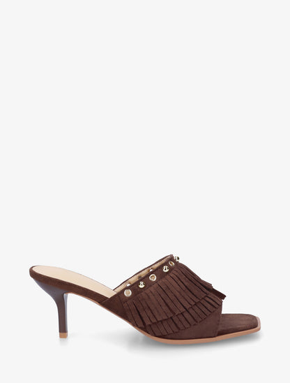 Mules en suédine à franges et clous - Marron - 1