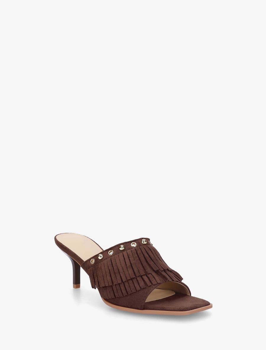 Mules en suédine à franges et clous - Marron - 2