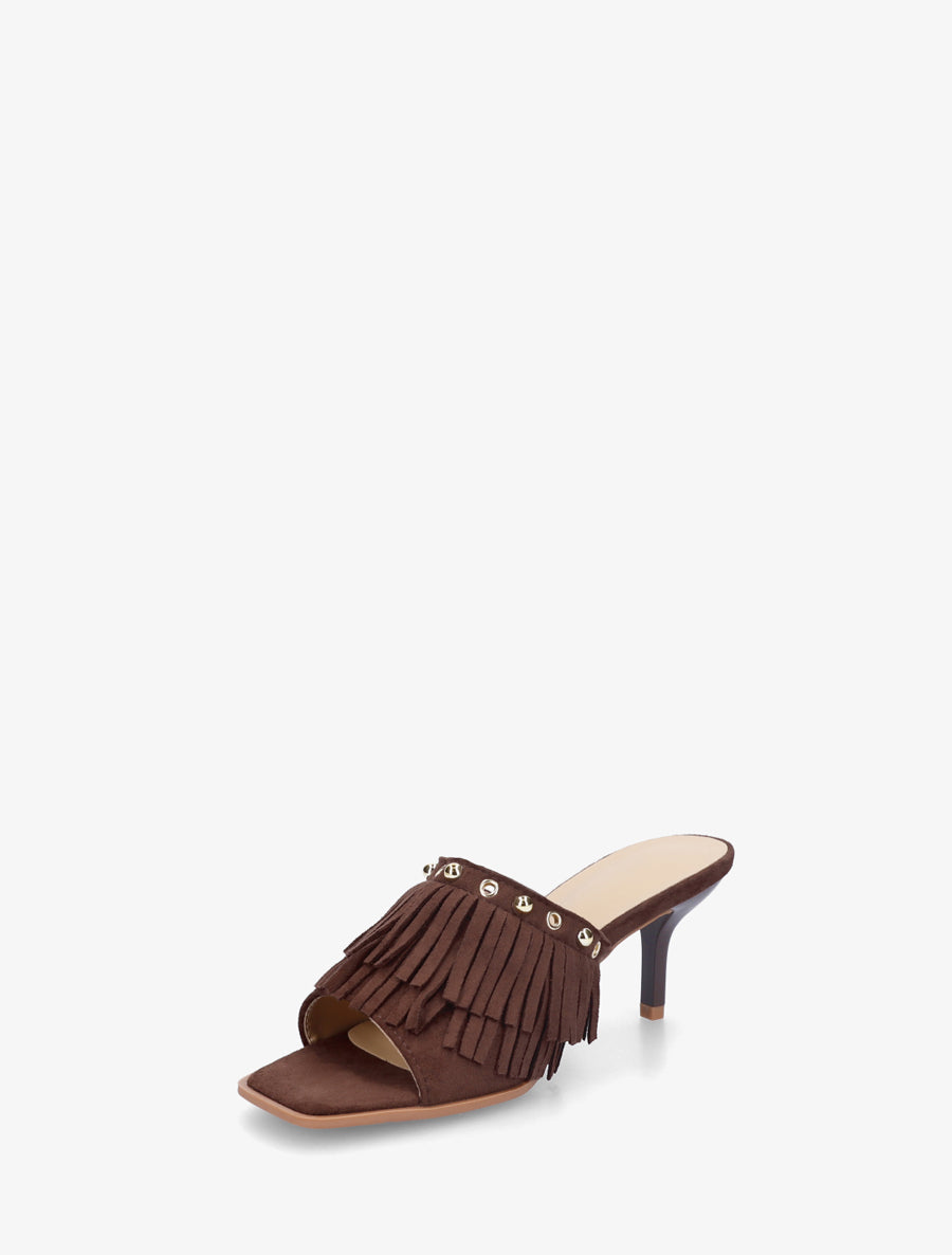 Mules en suédine à franges et clous - Marron - 3