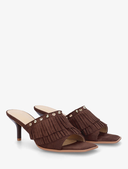Mules en suédine à franges et clous - Marron - 4