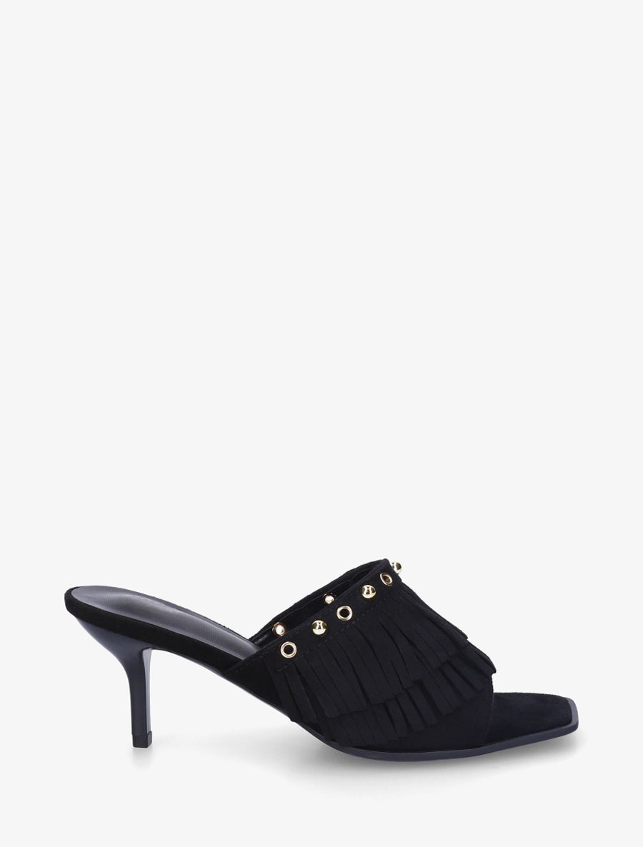 Mules en suédine à franges et clous - Noir - 1