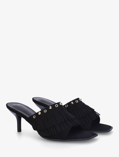 Mules en suédine à franges et clous - Noir - 4