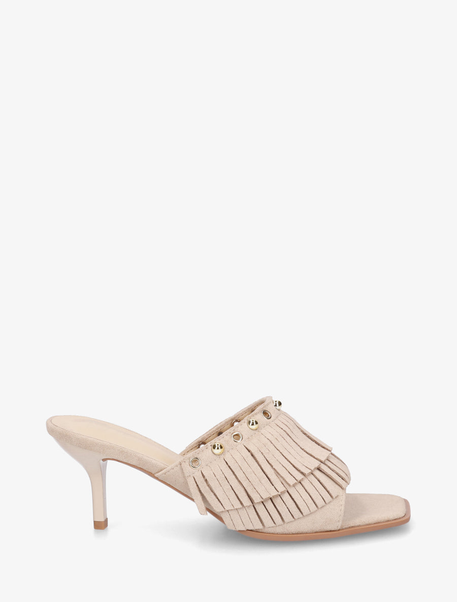 Mules en suédine à franges et clous - Beige - 1