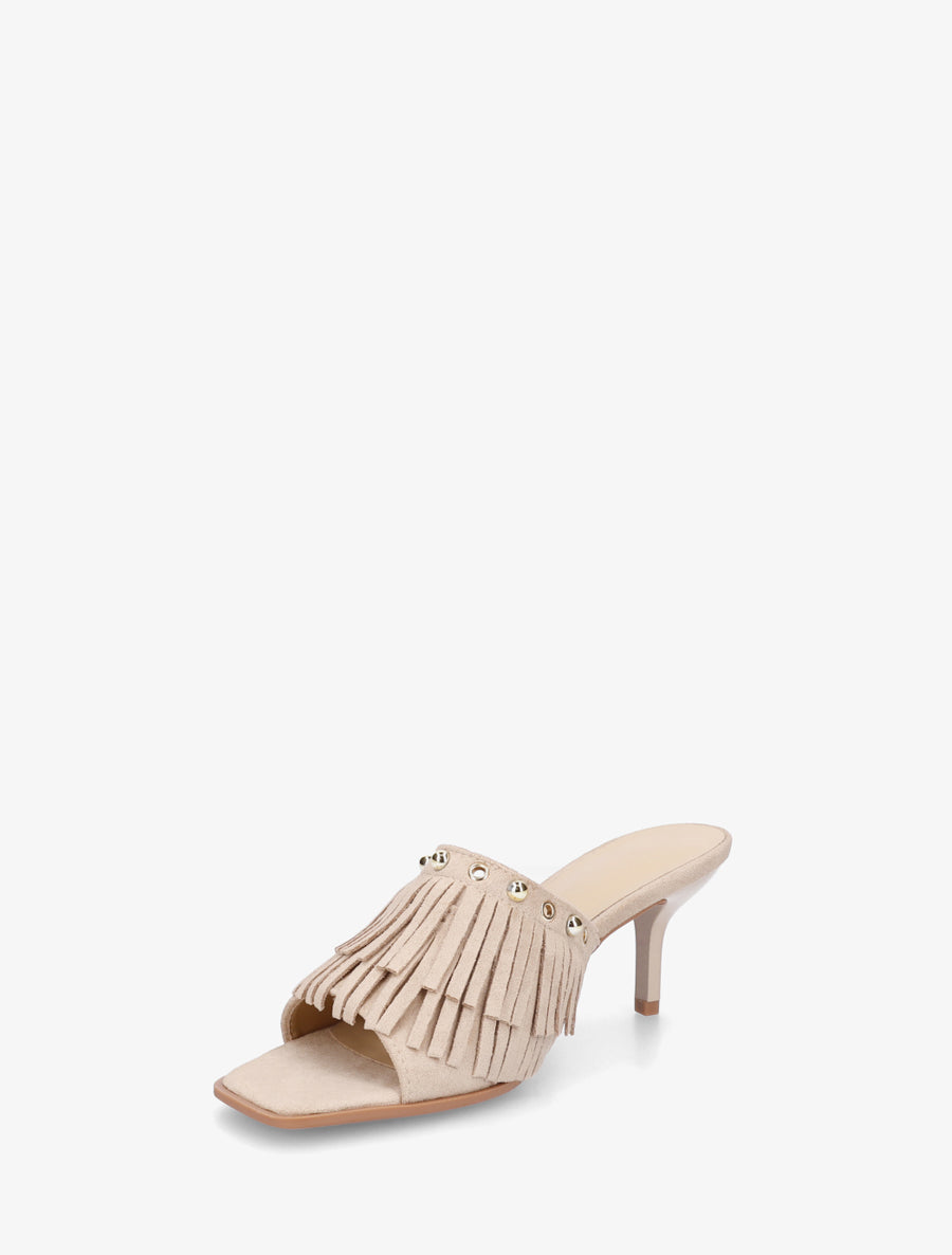 Mules en suédine à franges et clous - Beige - 3