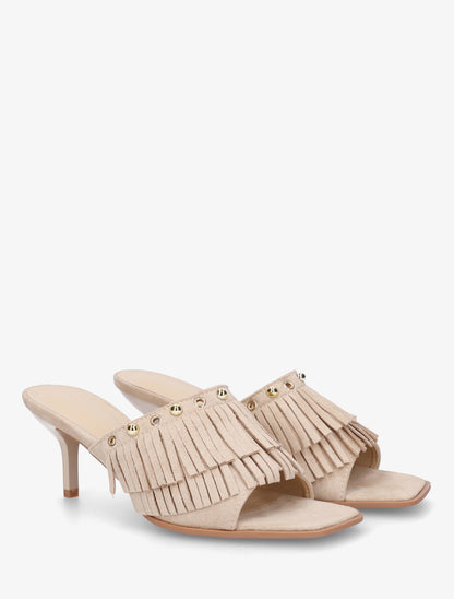 Mules en suédine à franges et clous - Beige - 4