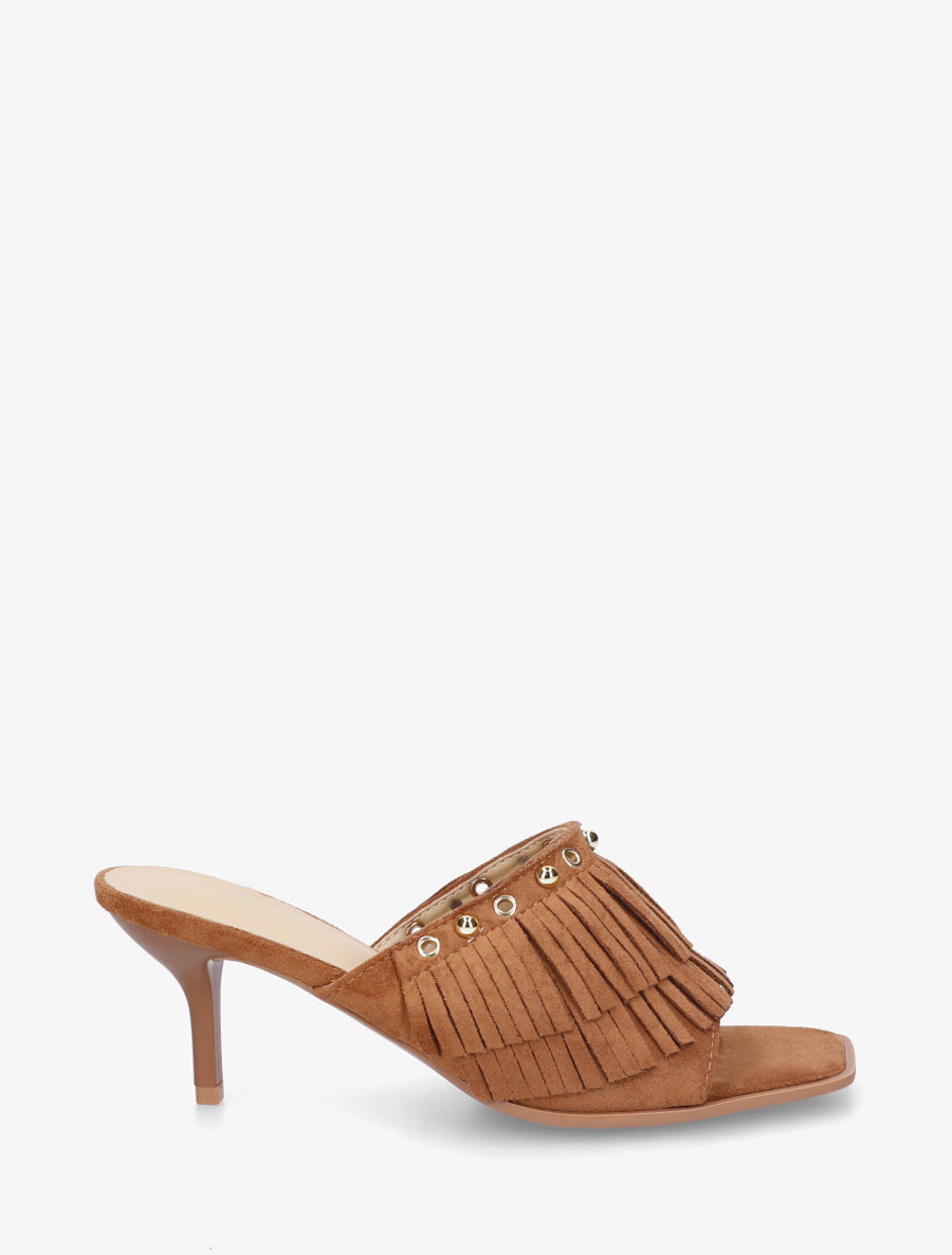 Mules en suédine à franges et clous - Camel - 1