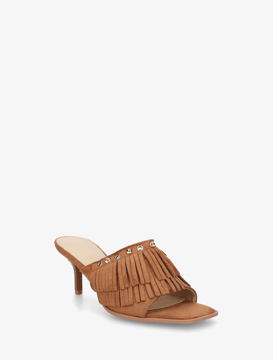 Mules en suédine à franges et clous - Camel - 2