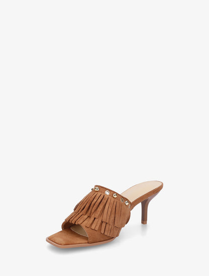 Mules en suédine à franges et clous - Camel - 3