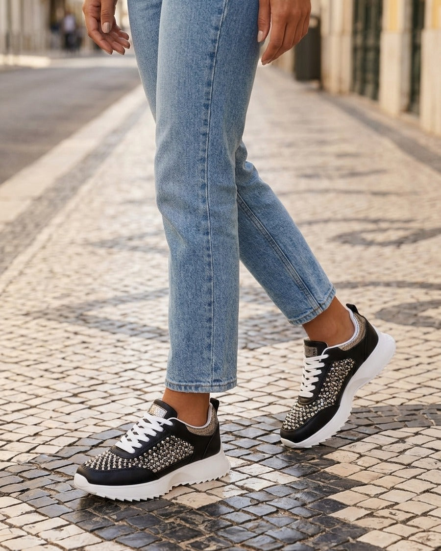 Sneakers ajourées à strass - Noir