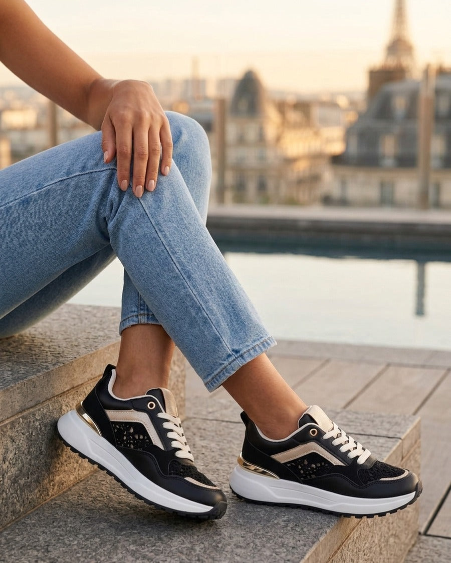 Sneakers en simili et en crochet - Noir