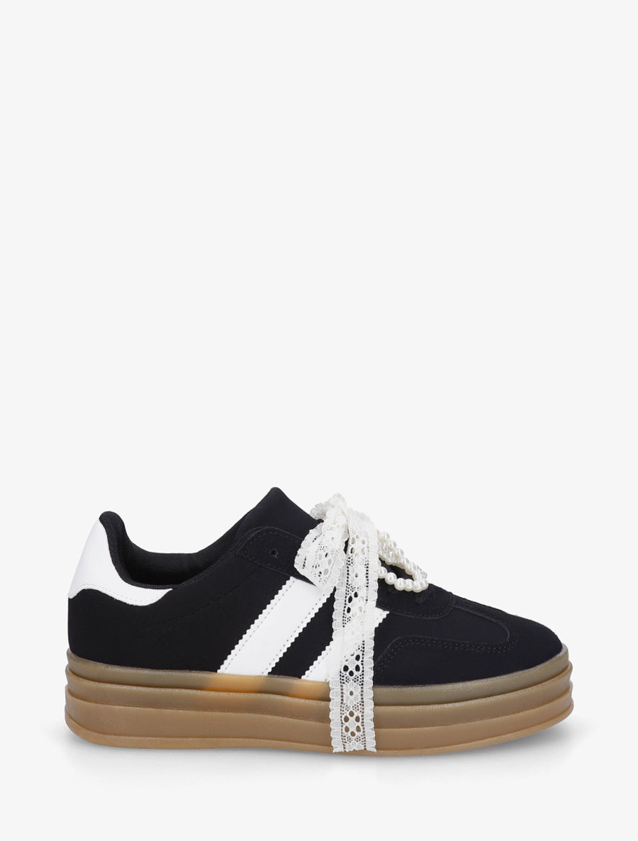 Sneakers effet nubuck à lacets stylisés - Noir - 1
