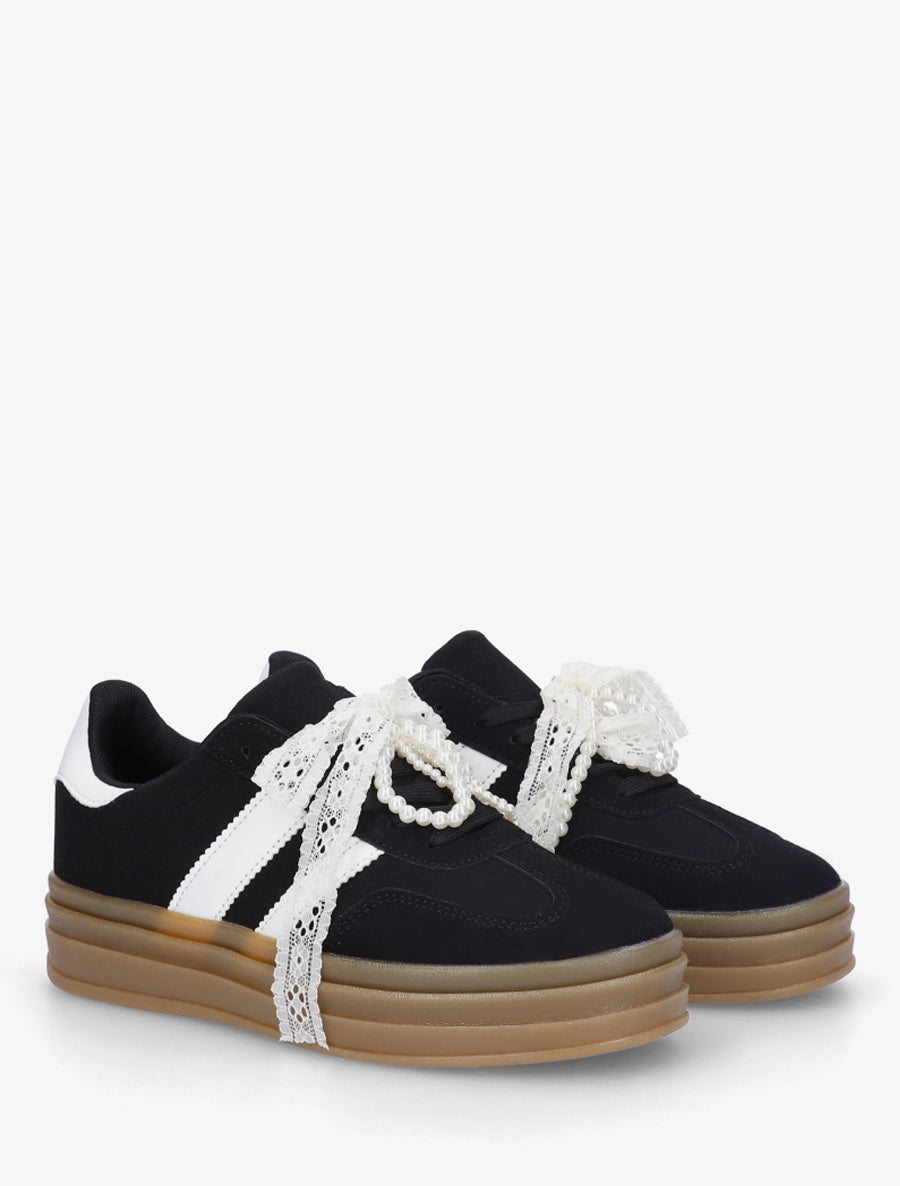 Sneakers effet nubuck à lacets stylisés - Noir - 4