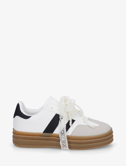Sneakers effet nubuck à lacets stylisés - Blanc - 1