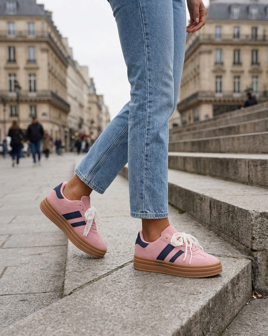 Sneakers effet nubuck à lacets stylisés - Rose