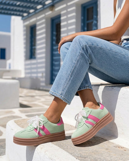 Sneakers effet nubuck à lacets stylisés - Vert d&