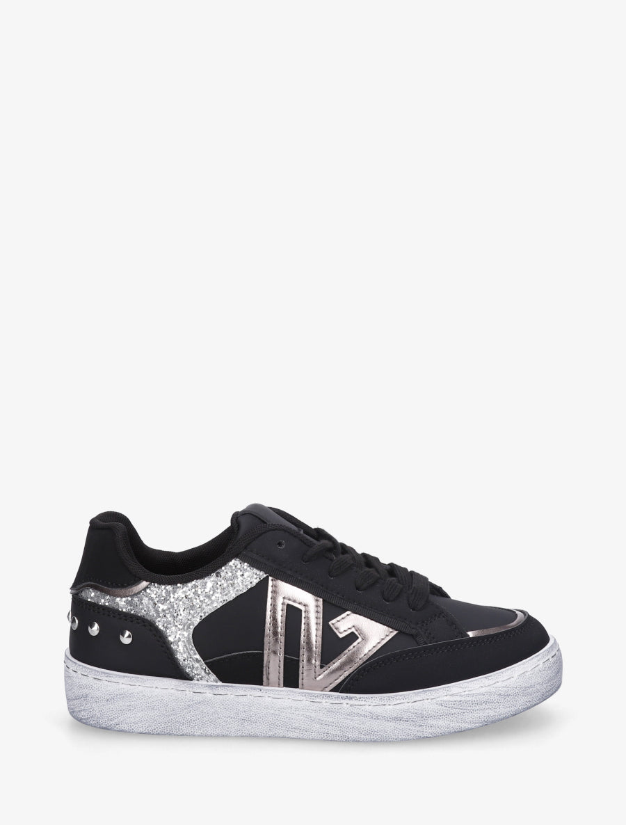Sneakers à bande pailletée et contrefort clouté - Noir - 1