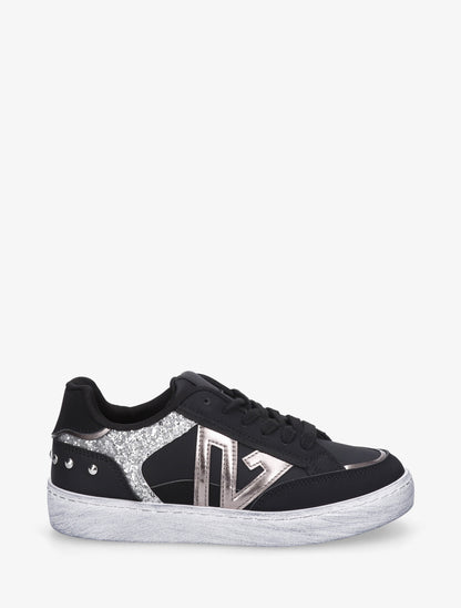 Sneakers à bande pailletée et contrefort clouté - Noir - 1