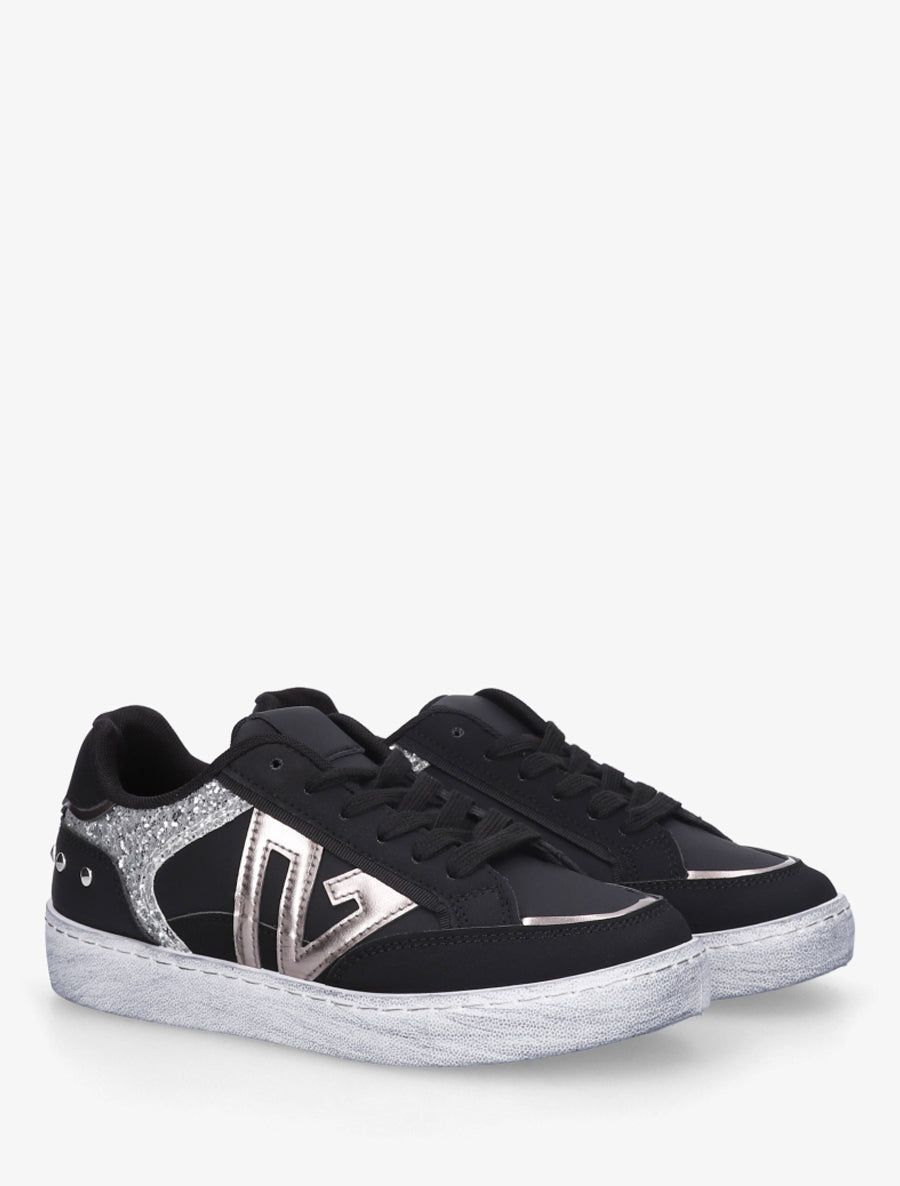 Sneakers à bande pailletée et contrefort clouté - Noir - 4
