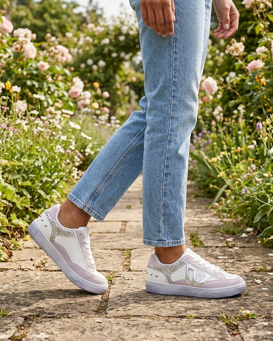Sneakers à bande pailletée et contrefort clouté - Blanc