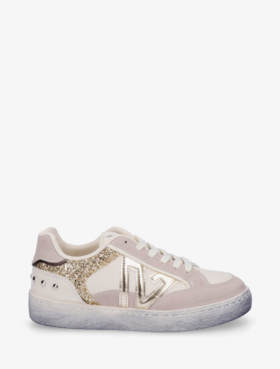 Sneakers à bande pailletée et contrefort clouté - Beige - 1