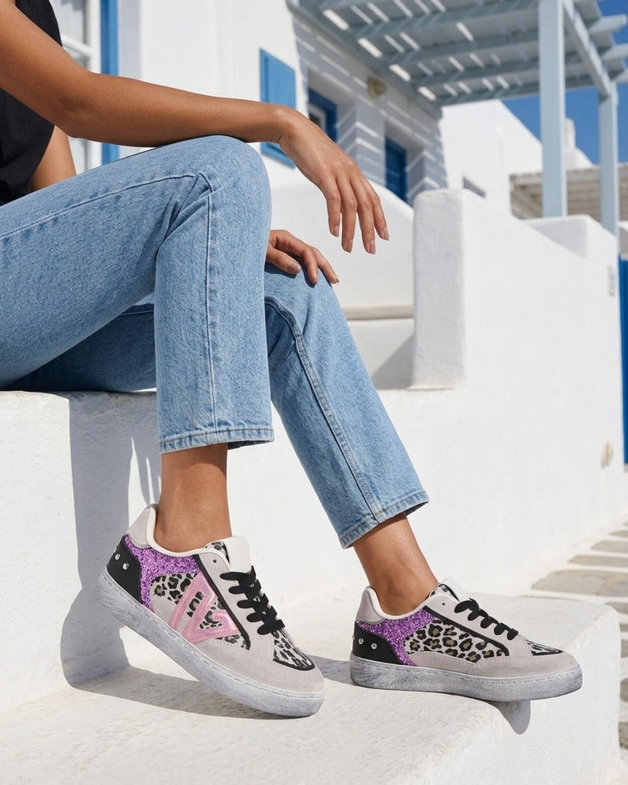 Sneakers à bande pailletée et contrefort clouté - Violet