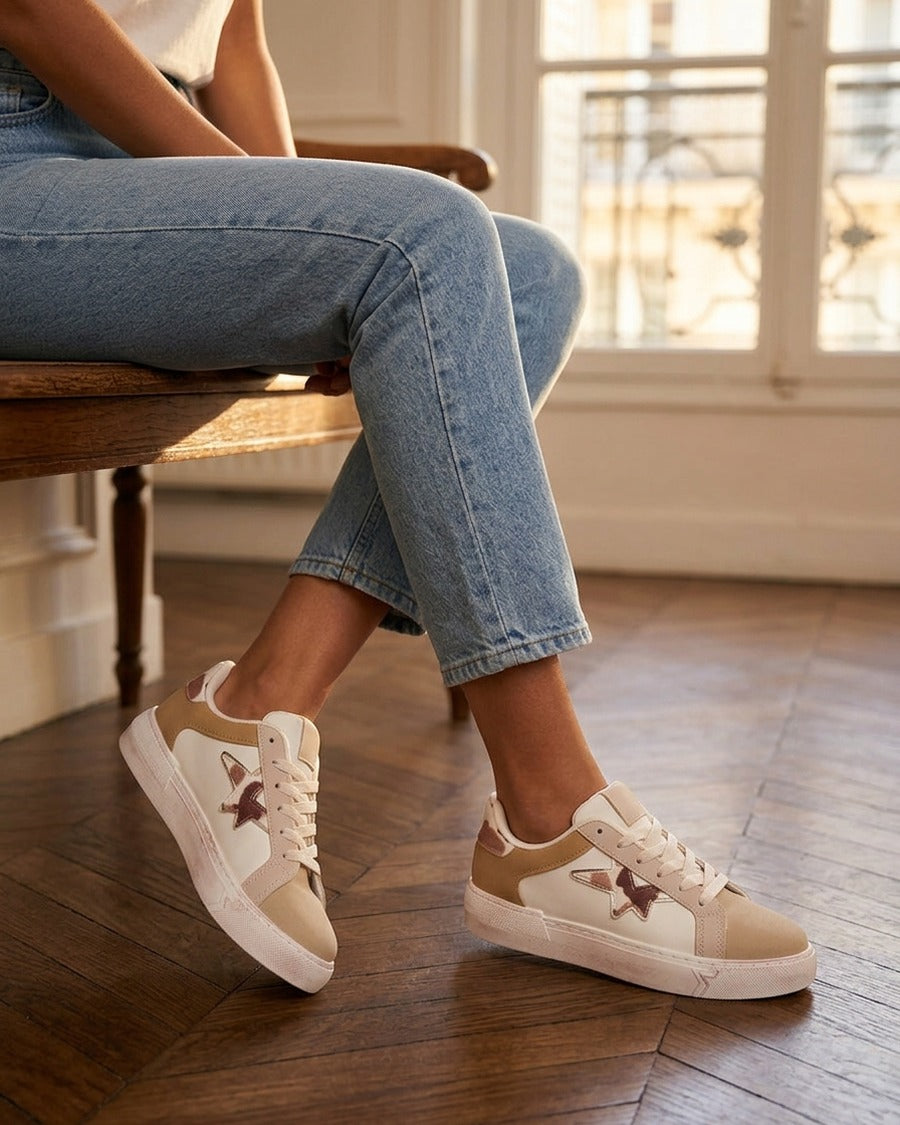 Sneakers en simili à motif étoile - Beige
