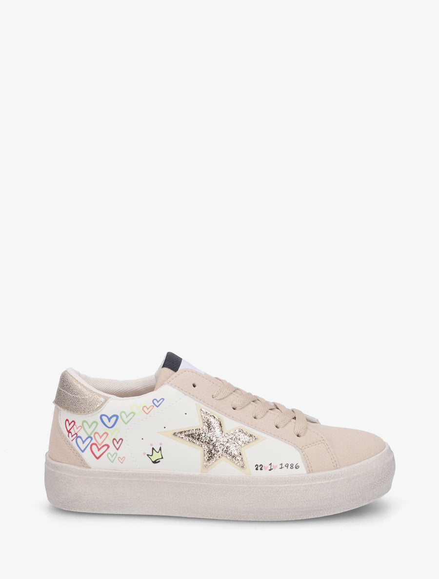 Sneakers floqués à semelle effet vintage - Beige - 1