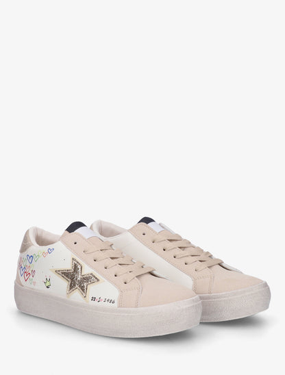 Sneakers floqués à semelle effet vintage - Beige - 4