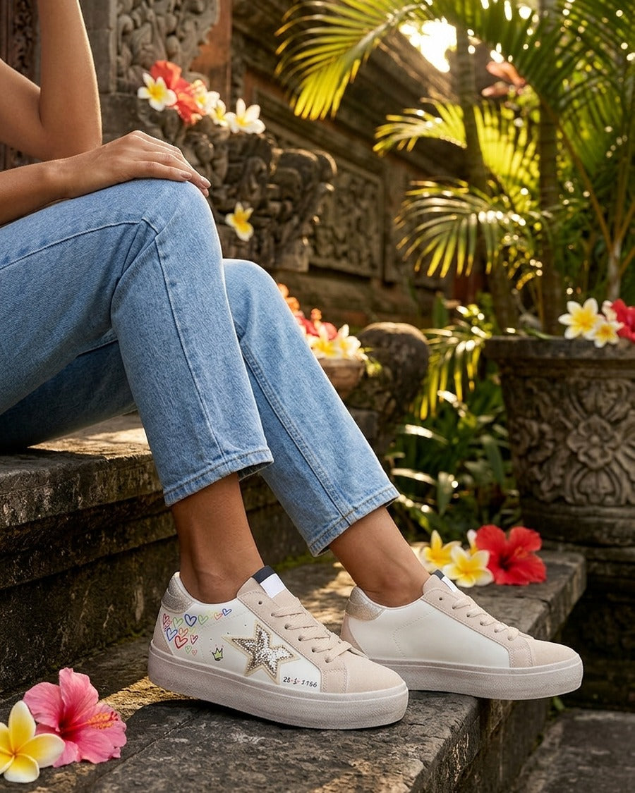 Sneakers floqués à semelle effet vintage - Beige