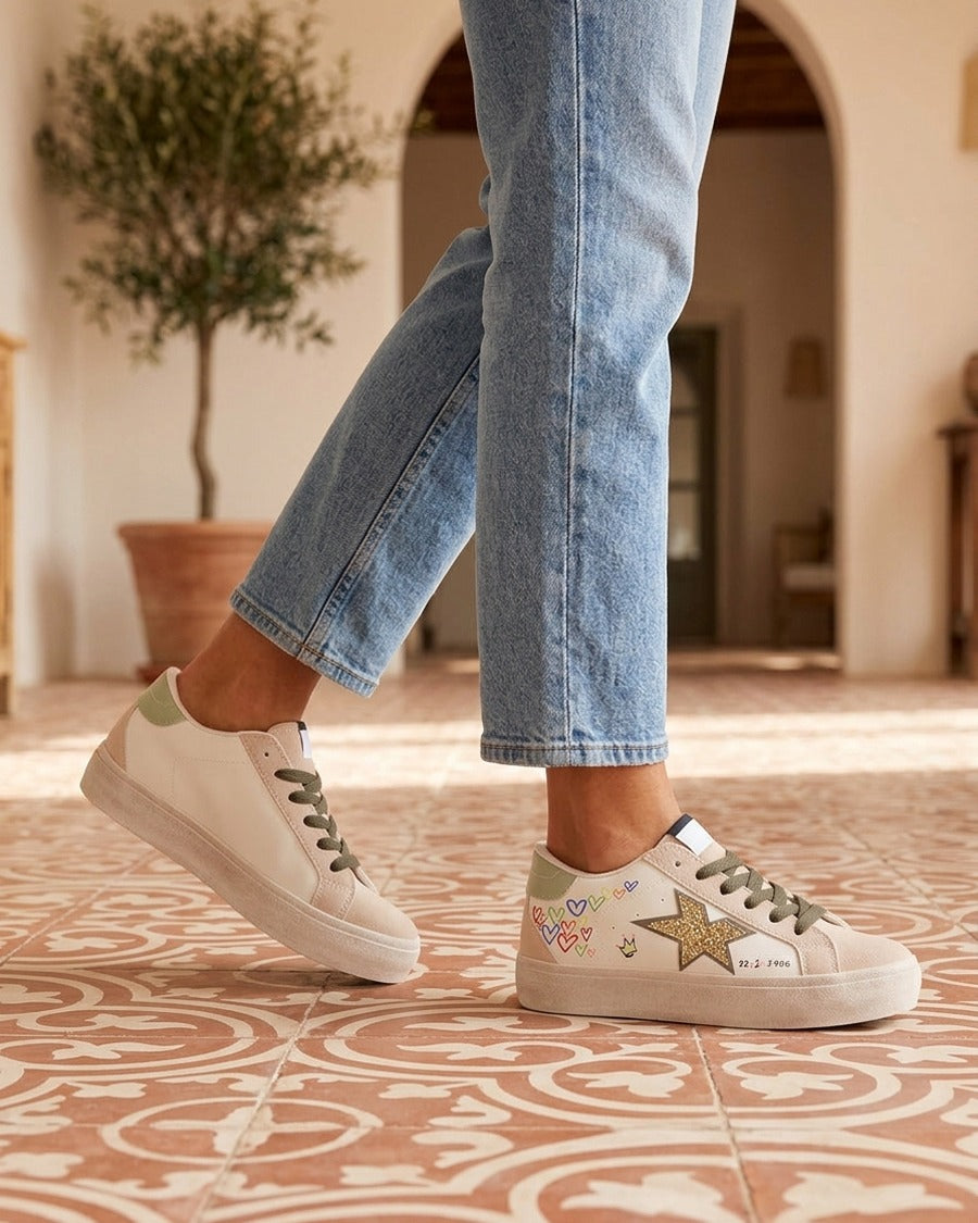 Sneakers floqués à semelle effet vintage - Vert