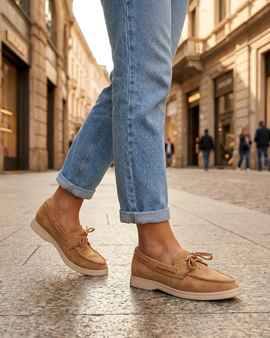 Mocassins en suédine à lacets - Camel