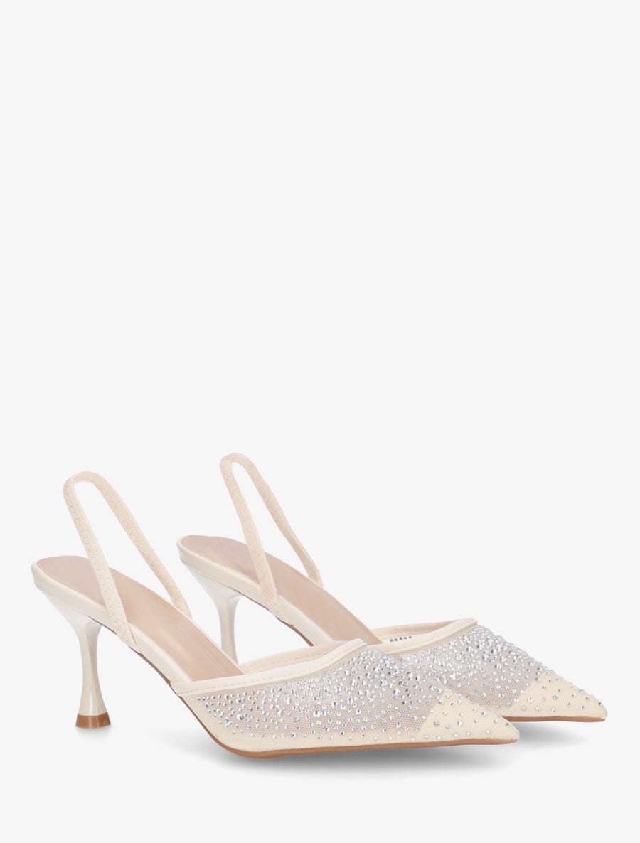 Escarpins en toile strassées à talon aiguille - Beige - 4