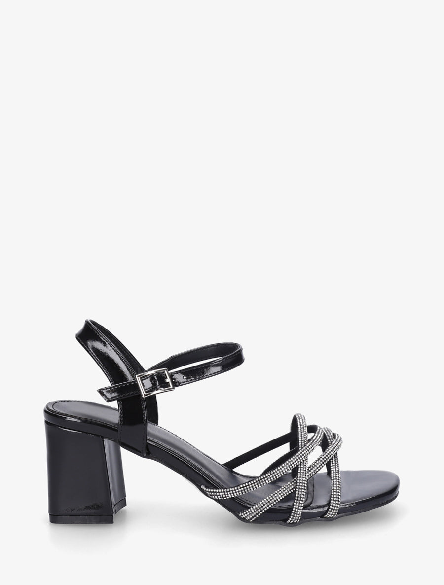 Sandales à talon et brides croisées strassées - Noir - 1