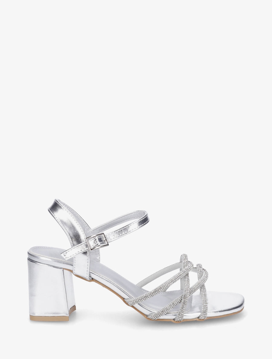 Sandales à talon et brides croisées strassées - Argent - 1