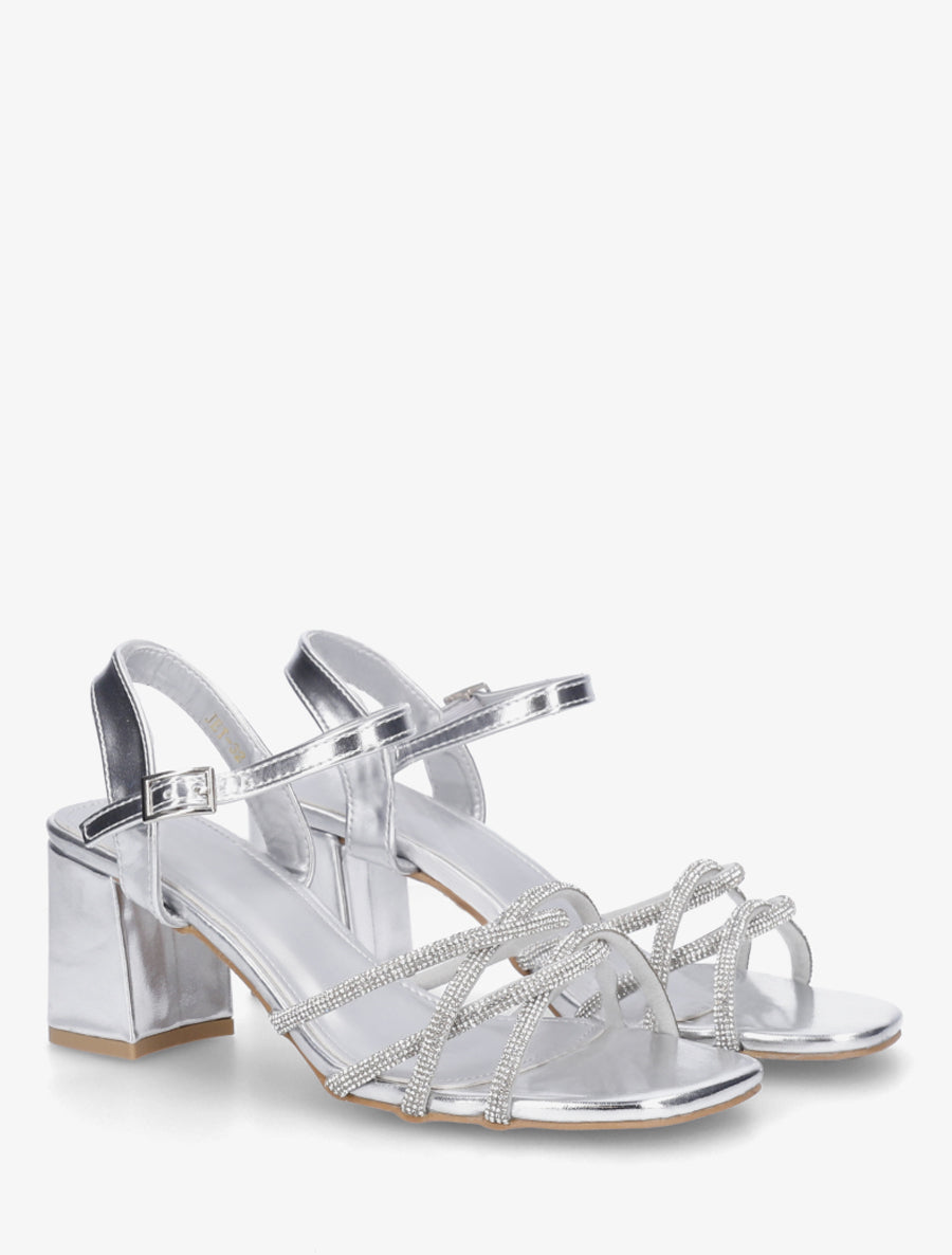 Sandales à talon et brides croisées strassées - Argent - 4