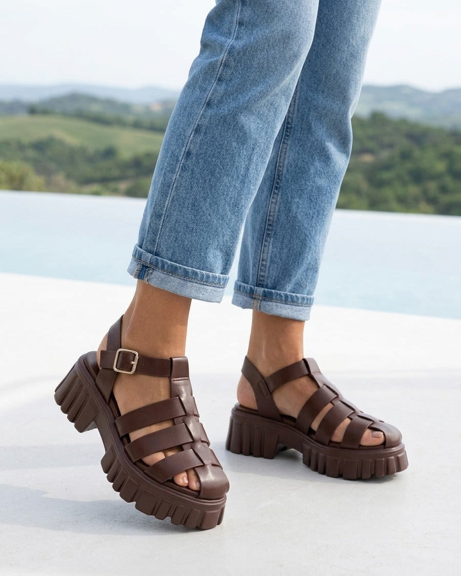 Sandales à talon style spartiates - Marron