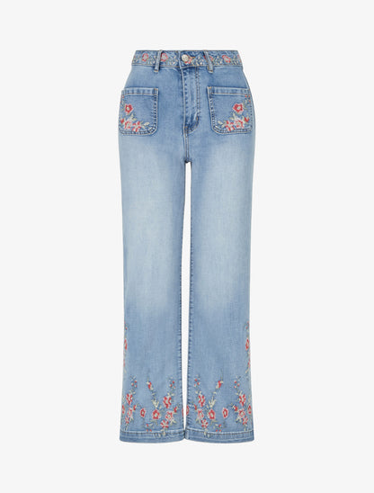 Jean droit à broderies fleurs - Bleu - 1