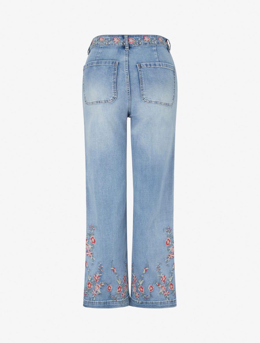 Jean droit à broderies fleurs - Bleu - 2