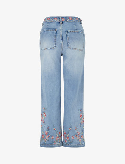 Jean droit à broderies fleurs - Bleu - 2