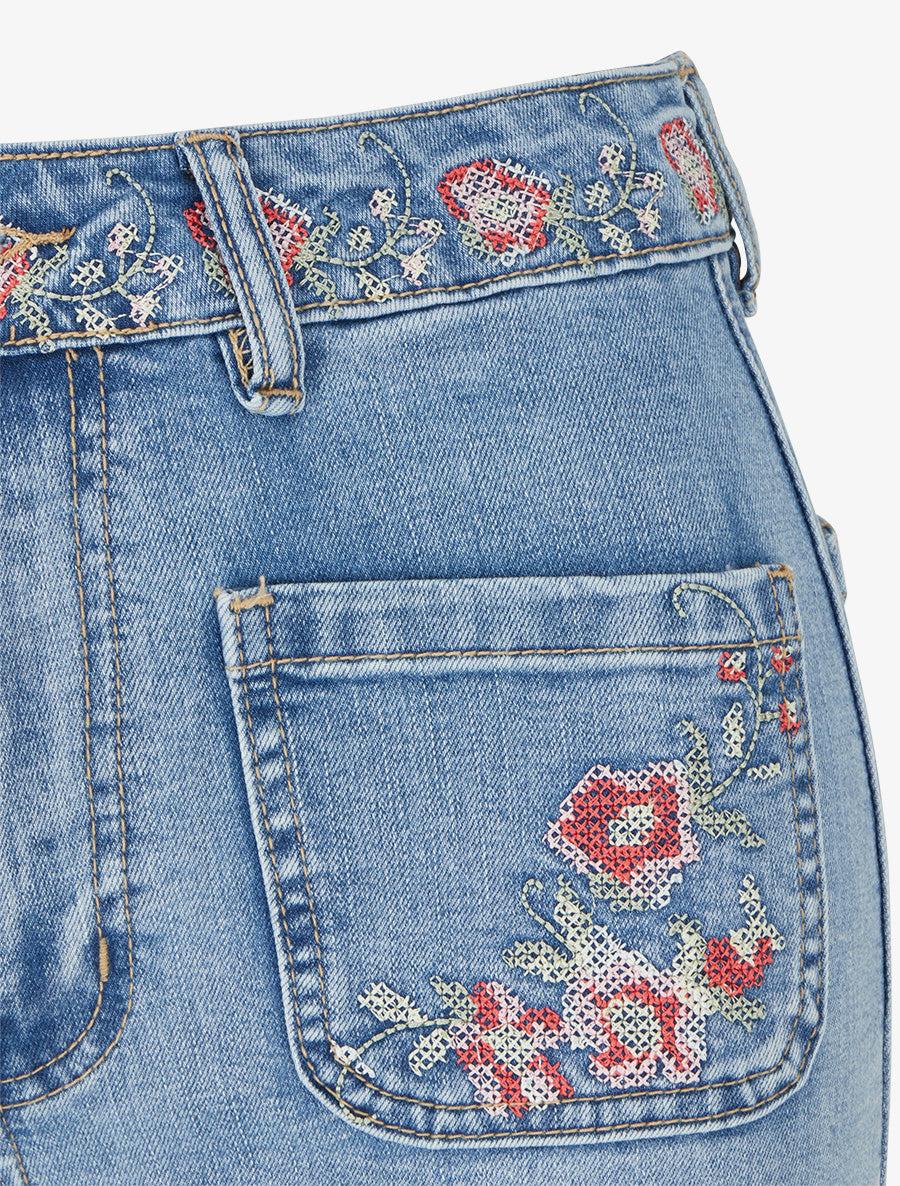 Jean droit à broderies fleurs - Bleu - 3