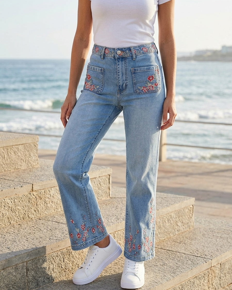 Jean droit à broderies fleurs - Bleu