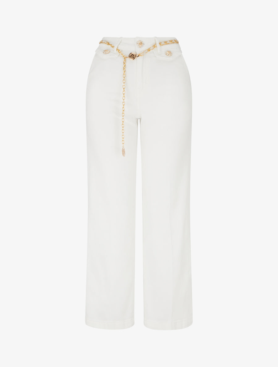 Jean à boutons décoratifs camélia coupe droite - Blanc - 1