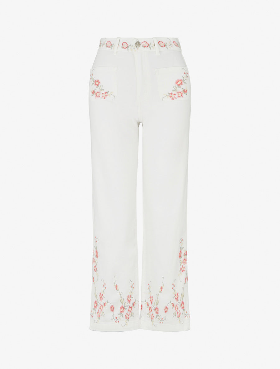 Jean droit à broderies fleurs - Blanc - 1