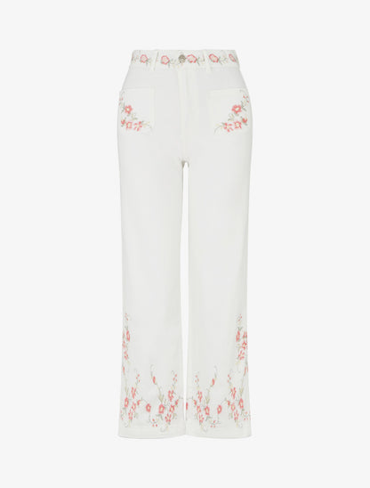 Jean droit à broderies fleurs - Blanc - 1