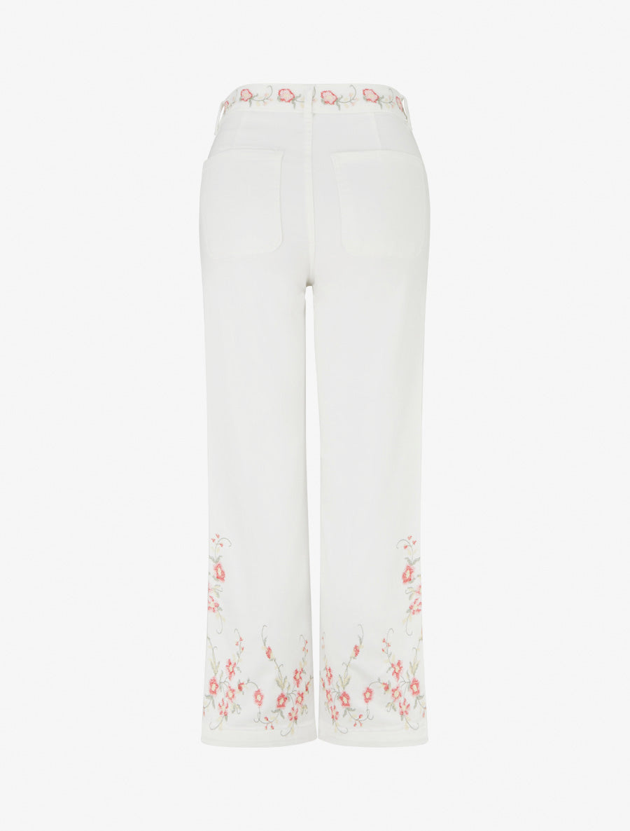 Jean droit à broderies fleurs - Blanc - 2