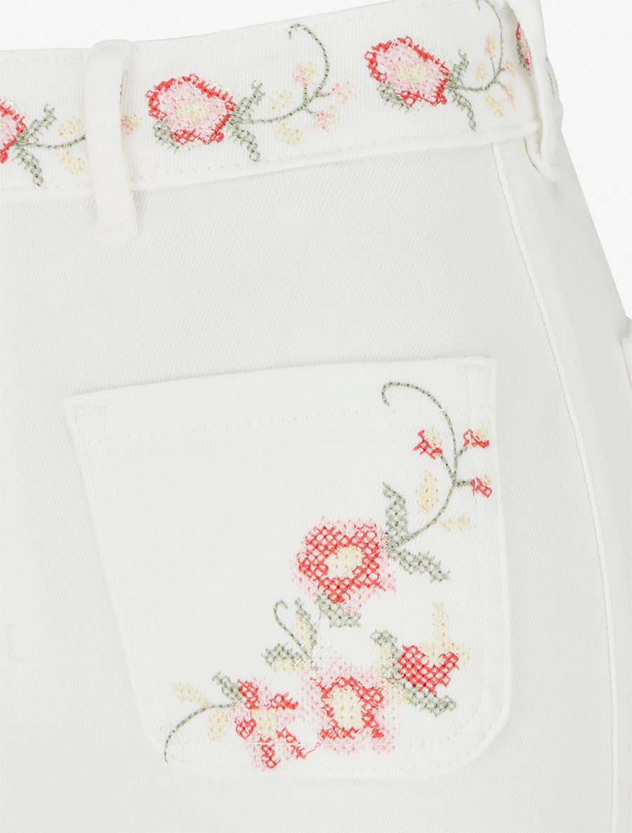 Jean droit à broderies fleurs - Blanc - 3