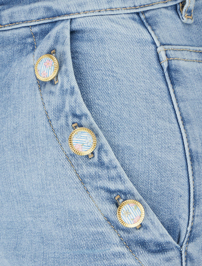 Jean droit à poches boutons fleuris - Bleu - 3