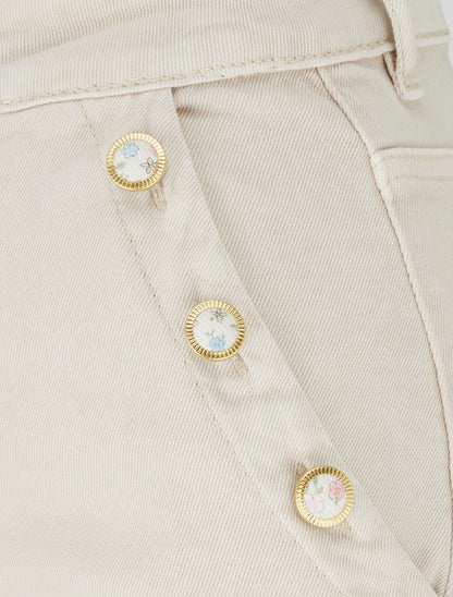 Jean droit à poches boutons fleuris - Beige - 3