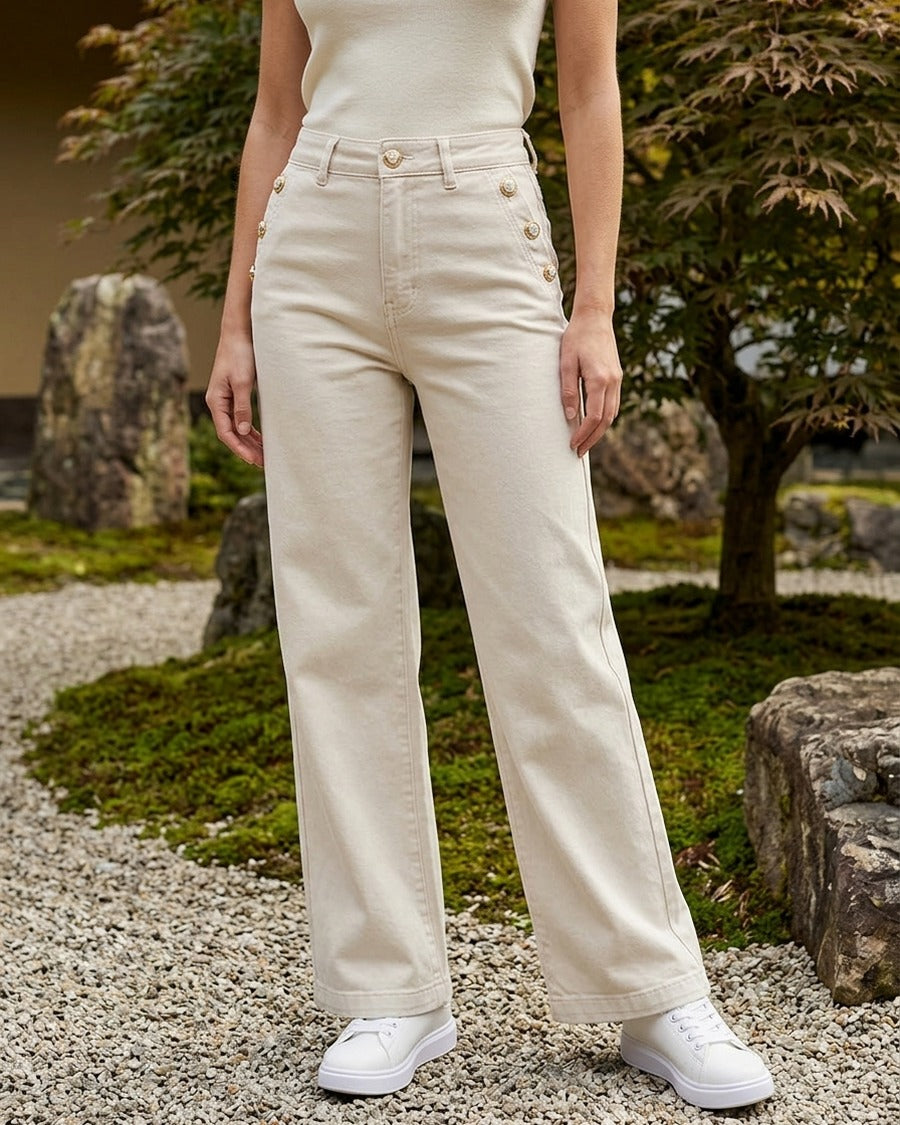 Jean droit à poches boutons fleuris - Beige