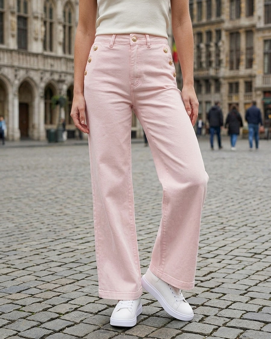 Jean droit à poches boutons fleuris - Rose